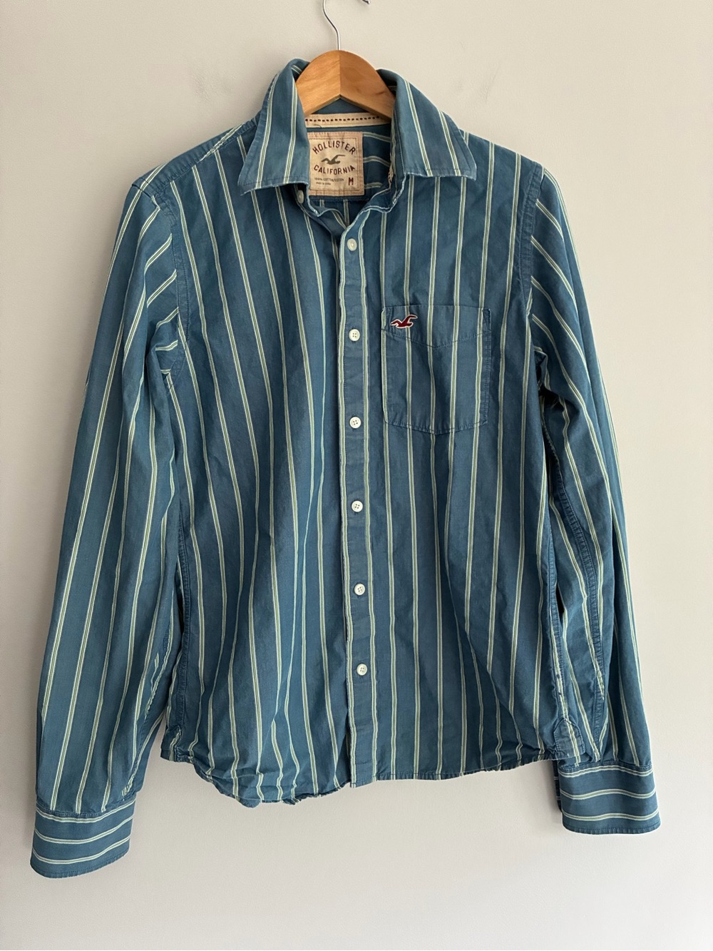 Hollister Teal and White Vertical Stripe Button-Down Shirt Medium